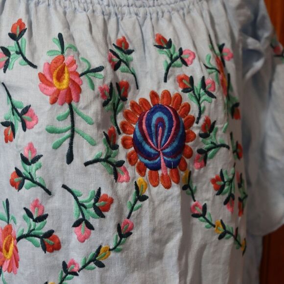 Philosophy Blue Chambray Off-Shoulder Embroidered Floral Dress Medium - Picture 11 of 14